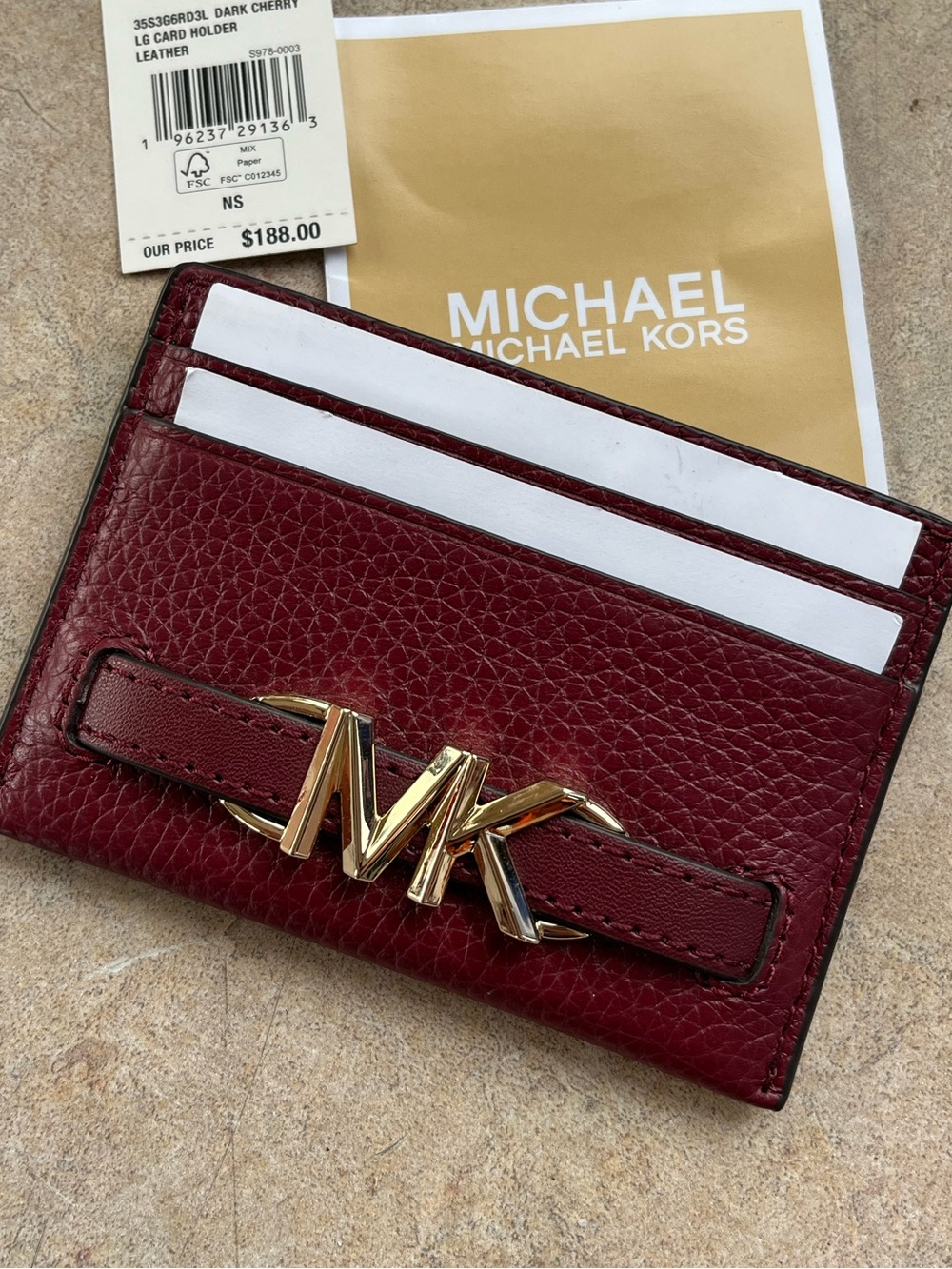 NWT MICHAEL Kors Cherry Leather Card Holder with Gold Emblem FAST SHIP